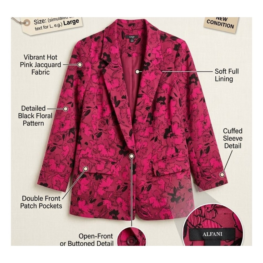 Alfani Womens Pink Black Floral Jacquard Blazer Notched Lapel Open Front Jacket